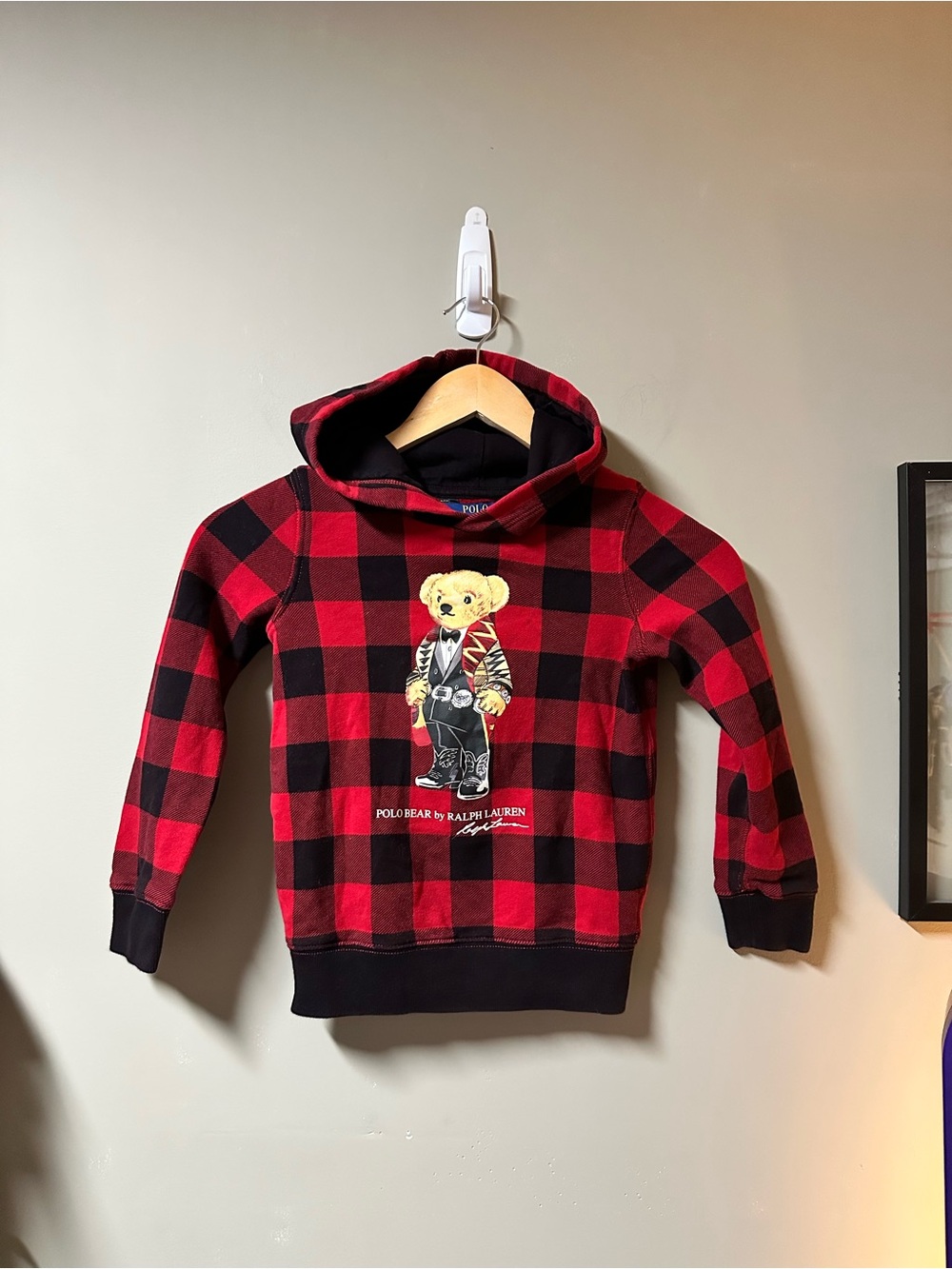 Polo by Ralph Lauren Red and Black Buffalo Plaid Bear Pullover Hoodie